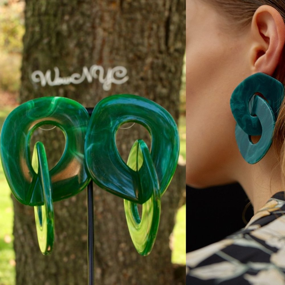 New Green Tortoise Layered Circle Chain Earrings Bold Big Large Bright Link Cool